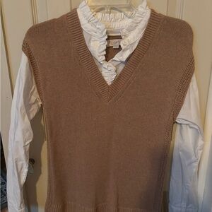 LOFT Beige Sweater Vest with White Ruffle Shirt